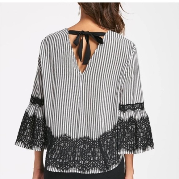 [L]Zara Black White Stripped Lace Cotton Bell Sleeve Blouse - Picture 3 of 11